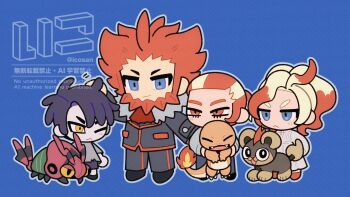 Rule 34 | 1girl, antennae, beard, black fur, black hair, black pants, blue background, blue eyes, brown fur, bug, centipede, charmander, chibi, closed mouth, colored sclera, corbeau (pokemon), facial hair, fangs, fiery tail, fire, flame-tipped tail, fur-trimmed jacket, fur trim, gen 1 pokemon, gen 5 pokemon, gen 6 pokemon, gradient hair, griselle (pokemon), grisham (pokemon), hair pulled back, highres, holding, holding pokemon, iccoco, jacket, litleo, long sleeves, lysandre (pokemon), multicolored hair, nintendo, one eye closed, open mouth, orange hair, original, pants, pokemon, pokemon (creature), pokemon legends: z-a, ponytail, short hair, smile, spiked hair, tail, venipede, white hair, yellow eyes, yellow sclera