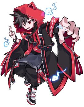 1boy animal_ear_hood animal_hood baggy_pants bead_bracelet beads bishounen black_coat black_hair black_pants bracelet cat_hood coat commission deformed drawstring fake_animal_ears foreshortening full_body high_tops highres hitodama hood hood_up hoodie hyou_(hyouga617) indie_virtual_youtuber jewelry light_smile looking_at_viewer male_focus multicolored_shoes open_clothes open_coat open_mouth pants ponytail red_eyes red_hoodie red_trim second-party_source shoes simple_background sneakers spiked_hair tachi-e white_background zipper zipper_pull_tab