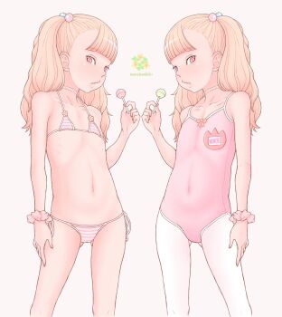 2girls a_kun ballerina bare_shoulders bikini blonde_hair candy chupa_chups collarbone covered_navel dual_persona female_focus food hair_ornament highres holding holding_candy holding_food leotard loli lollipop long_hair looking_at_viewer micro_bikini multiple_girls navel open_mouth original pantyhose pink_eyes standing swimsuit white_pantyhose