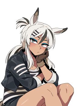 1girl absurdres animal_ears black_hair black_jacket blue_eyeliner commentary commentary_request cropped_jacket dark-skinned_female dark_skin english_commentary eyeliner galois hair_ornament hairclip head_rest highres jacket korean_commentary low_ponytail makeup mixed-language_commentary multicolored_hair original ponytail shirt short_ponytail sitting solo streaked_hair striped_clothes striped_shirt two-tone_hair white_hair zebra_ears zebra_girl zebra_tail