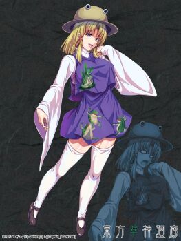 Rule 34 | 1girl, animal print, blonde hair, brown hat, commentary request, frog print, hair ornament, hair ribbon, hat, highres, long hair, long sleeves, looking at viewer, moriya suwako, open mouth, purple skirt, purple vest, ribbon, short hair, skirt, skirt set, smile, solo, thighhighs, touhou, vest, white thighhighs, wide sleeves, yellow eyes, zephid