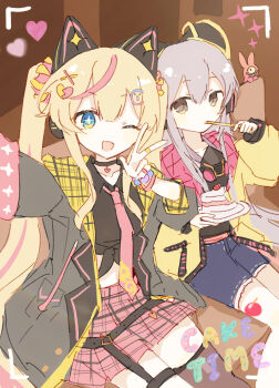 2girls animal_ear_headphones animal_ears aqua_eyes black_jacket blonde_hair blue_shorts broken_heart broken_heart_hair_ornament brown_eyes cake cat_ear_headphones cat_ears choker commentary_request eating english_text fake_animal_ears food grey_hair gyaru hardcore_tano_c headphones heart highres holding holding_plate irregular_nation irrena j-core jacket kogal logo_hair_ornament long_hair midriff multiple_girls necktie one_eye_closed open_clothes open_jacket pink_necktie pink_skirt plaid_clothes plaid_skirt plate selfie shirt shorts sitting sketch skirt tied_shirt twintails v very_long_hair viewfinder wusem0108 yellow_jacket yuko_(hardcore_tano_c)