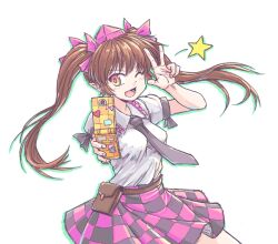 Rule 34 | 1girl, aokukou, black necktie, breasts, brown hair, checkered clothes, checkered skirt, collared shirt, commentary request, frilled shirt collar, frills, hair ribbon, hat, himekaidou hatate, long hair, medium breasts, necktie, one eye closed, open mouth, pink hat, pink ribbon, pink skirt, pointy ears, ribbon, selfie, shirt, short sleeves, simple background, skirt, smile, solo, tokin hat, touhou, twintails, white background, white shirt