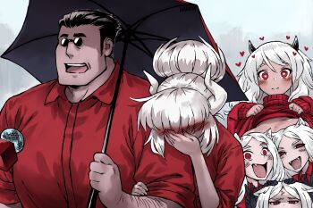 1boy 5girls arm_hair blush censored_nipples cerberus_(helltaker) convenient_censoring convenient_head embarrassed facepalm flashing glasses haraya_manawari heart heart-shaped_pupils helltaker helltaker_(character) holding holding_umbrella horns interview laughing_wolves_(meme) lucifer_(helltaker) meme microphone modeus_(helltaker) multiple_girls open_mouth pince-nez rain red_sweater shared_umbrella sleeves_rolled_up special_feeling_(meme) sunglasses sweater symbol-shaped_pupils turtleneck turtleneck_sweater umbrella white_hair white_horns