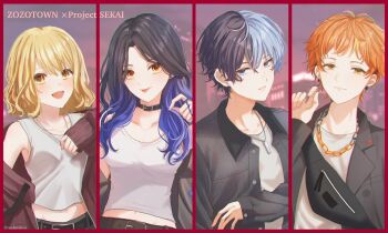 2boys 2girls aoyagi_touya azusawa_kohane belt belt_buckle belt_collar black_bag black_belt black_hair blue_eyes blue_hair border breasts brown_eyes brown_hair buckle chain chain_necklace closed_mouth collar collared_shirt commentary copyright_name crossbody_bag curtained_hair earrings gradient_hair hair_between_eyes hair_down hand_up highres jewelry lapels layered_clothes long_sleeves looking_at_another looking_at_viewer midriff mole mole_under_eye multicolored_hair multiple_boys multiple_girls necklace notched_lapels official_alternate_costume official_alternate_hairstyle open_clothes open_mouth open_shirt orange_eyes orange_hair parted_bangs project_sekai ring shinonome_akito shiraishi_an shirt short_bangs smile split-color_hair sunchan06rice tank_top teeth tongue tongue_out two-tone_hair upper_body upper_teeth_only vivid_bad_squad_(project_sekai) white_shirt white_tank_top zipper zozotown