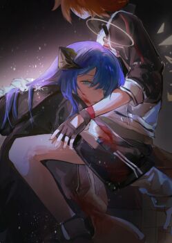 2girls arknights black_gloves black_jacket blue_eyes blue_hair chinese_commentary commentary_request exusiai_(arknights) fingerless_gloves gloves halo highres horns hug injury jacket long_hair lu_bian_de_yecao_zai_changge mostima_(arknights) multiple_girls red_hair short_hair three-quarter_sleeves yuri