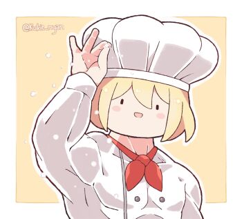 1girl :d blonde_hair blush border buffson chef_hat commentary english_commentary hat hololive kukie-nyan meme open_mouth salt_bae_(meme) shirt smile solid_eyes solo twitter_username virtual_youtuber watson_amelia white_border white_shirt