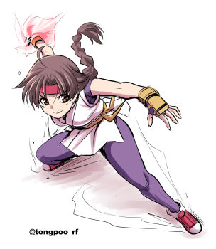 1girl braid braided_ponytail breasts brown_eyes brown_hair dougi female_focus hairband karate_gi large_breasts leggings long_hair pale_skin ponytail shoes skirt smile smiley_face sneakers the_king_of_fighters thick_thighs thighs tongpoo tongpoo_rf yuri_sakazaki