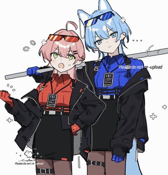 Rule 34 | ..., 2girls, ahoge, alternate costume, animal ears, belt, black jacket, black pantyhose, black skirt, blue eyes, blue gloves, blue hair, blue shirt, commentary, dog ears, dog girl, dog tail, gloves, green eyes, highres, hololive, hololive grand theft auto, hoshimachi suisei, id card, jacket, long hair, long sleeves, looking at viewer, multiple girls, open clothes, open jacket, pantyhose, pencil skirt, pink hair, police, police uniform, policewoman, red gloves, red shirt, sakura miko, shirt, simple background, skirt, symbol-only commentary, tai inukai, tail, virtual youtuber, watermark, white background