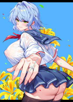 1girl ass black_thighhighs blue_background blue_hair blue_sailor_collar blue_skirt breasts closed_mouth covered_erect_nipples flower foreshortening green_eyes hair_intakes highres huge_breasts jewelry keiji_asakawa letterboxed looking_at_viewer nipples no_bra no_panties original petals pleated_skirt ring sailor_collar school_uniform see-through_clothes see-through_shirt shirt short_sleeves sidelocks skirt smile solo sweat thighhighs third-party_source wet wet_clothes wet_shirt yellow_flower