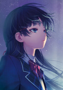 1girl black_hair blazer blue_eyes bow bowtie braid expressionless female_focus hair_ornament hairclip highres jacket kath lapels long_hair nijisanji plaid_clothes plaid_lapels school_uniform sky solo star_(sky) starry_sky tsukino_mito tsukino_mito_(1st_costume) virtual_youtuber