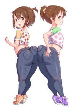 2girls absurdres aged_down ass ass-to-ass ass_grab brown_eyes commission denim female_focus flat_chest full_body highres hirasawa_ui hirasawa_yui huge_ass jeans k-on! kyojiri_loli loli looking_at_viewer looking_back multiple_girls pants shirt shoes siblings simple_background sneakers thick_thighs thighs tight_clothes tight_pants transparent_background triagorodri twins underwear wide_hips
