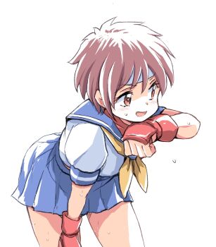 Rule 34 | 1girl, blue sailor collar, blue skirt, brown hair, commentary, fingerless gloves, gloves, headband, highres, ikaringo (ikaringo4444), kasugano sakura, leaning forward, looking to the side, neckerchief, pleated skirt, red gloves, sailor collar, school uniform, serafuku, shirt, short hair, simple background, skirt, solo, street fighter, white background, white headband, white shirt, yellow neckerchief