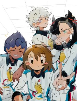 Rule 34 | 2boys, 2girls, aqua eyes, arrcticc fish, bede (pokemon), black eyes, black hair, blue hair, blush, brown hair, closed eyes, commentary, curly hair, dark-skinned male, dark skin, gloria (pokemon), highres, hop (pokemon), logo, looking at viewer, marnie (pokemon), matching outfits, multiple boys, multiple girls, nintendo, official alternate costume, pokemon, pokemon swsh, purple eyes, short hair, short twintails, symbol-only commentary, twintails, v, white background, white hair