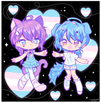 Rule 34 | 2girls, :d, absurdres, ahoge, animal ears, ayase mayoi, bandaid, bandaid on knee, bandaid on leg, black background, black collar, blue eyes, blue hair, blue skirt, blush, bow, bracelet, braid, cat ears, cat tail, chibi, closed mouth, collar, commentary, cross, cross earrings, cross necklace, dog ears, dog girl, dog tail, ear piercing, earrings, ensemble stars!, extra ears, facial mark, footwear bow, footwear ribbon, full body, genderswap, genderswap (mtf), hair between eyes, hair intakes, hair ornament, hairclip, heart, heart background, heart facial mark, heart hair ornament, highres, inverted cross, inverted cross necklace, jewelry, kemonomimi mode, kneehighs, knees together feet apart, layered skirt, low ponytail, minnieeeworld, multiple girls, neck ribbon, necklace, open mouth, pantyhose, parallel hairclips, paw facial mark, paw hair ornament, piercing, pink shirt, pink shoes, ponytail, print shirt, purple ribbon, ribbon, scar, scar on arm, scar on thighs, self-harm scar, shirt, shoes, short ponytail, short sleeves, single braid, single off shoulder, skirt, smile, socks, spiked collar, spikes, star (symbol), star hair ornament, suspender skirt, suspenders, tail, tojo kaname, transgender flag, transgender flag print, untranslatable commentary, white pantyhose, white shirt, white socks, wing hair ornament, x hair ornament, yellow eyes