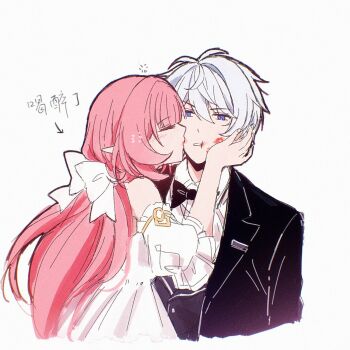 1boy 1girl alternate_costume black_bow black_bowtie black_coat blue_eyes bow bowtie closed_eyes coat dress elf elysia_(honkai_impact) hashtag-only_commentary hetero highres honkai_(series) honkai_impact_3rd kevin_kaslana kiss kissing_cheek lipstick_mark_on_cheek long_hair pink_hair pointy_ears shirt simple_background star_(zhongyan88528) translation_request very_long_hair white_background white_dress white_hair white_shirt