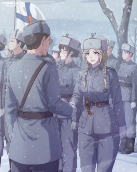 Rule 34 | 2girls, 6+boys, absurdres, belt, black boots, black hair, blonde hair, blue eyes, blue jacket, blue pants, blush, boots, braid, braided twintails, brown belt, brown hair, collar tabs, commentary, commission, english commentary, finnish army, finnish flag, gloves, green collar tabs, handshake, hat, highres, jacket, kepincox, long hair, looking at another, looking to the side, low twintails, military, military rank insignia, military uniform, multiple boys, multiple girls, open mouth, original, outdoors, pants, pixiv commission, sam browne belt, scar, scar on face, short hair, snowing, twintails, ushanka, white gloves, world war ii
