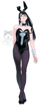 1girl absurdres alternate_costume animal_ear_hairband animal_ears black_bow black_bowtie black_hair black_leotard black_pantyhose black_shoes bow bowtie detached_collar fake_animal_ears from_below full_body glasses green_eyes hairband high_heels highres kantai_collection leotard long_hair ojipon ooyodo_(kancolle) pantyhose playboy_bunny rabbit_ears see-through_strap shoes simple_background solo standing strapless strapless_leotard watermark white_background wrist_cuffs