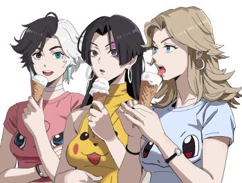 3girls black_hair blonde_hair blue_eyes breasts earrings fantastic_four food gen_1_pokemon heterochromia highres ice_cream jewelry looking_at_viewer luna_snow marvel marvel_rivals multicolored_hair multiple_girls nintendo pikachu pokemon psylocke psylocke_(vengeance) shiren_(ourboy83) split-color_hair squirtle sue_storm two-tone_hair x-men