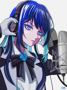 Rule 34 | 1girl, absurdres, ado (utaite), aegyo sal, black bow, black bowtie, blue eyes, blue hair, bow, bowtie, brand name imitation, chando (ado), closed mouth, commentary request, gloves, headphones, highres, microphone, mole, mole under eye, shirt, simple background, solo, the first take, tomoyaku, utaite, white background, white gloves, white shirt
