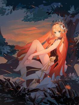 1girl absurdres bare_shoulders barefoot blush breasts dress druvis_iii green_eyes hair_ornament highres in_tree long_hair orange_hair qingyi_jiang reverse:1999 sitting sitting_in_tree small_breasts smile solo tree very_long_hair