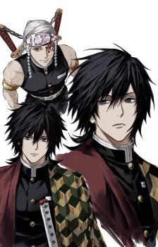 2boys armlet black_hair blue_eyes buttons chain_blades closed_mouth commentary_request demon_slayer_uniform gold_armlet gold_buttons hair_between_eyes haori highres japanese_clothes jewelry kikkoumon kimetsu_no_yaiba korean_commentary looking_at_viewer looking_to_the_side male_focus multiple_boys multiple_views print_haori red_eyes red_haori short_hair simple_background sso_s sword tomioka_giyuu uzui_tengen weapon white_background white_hair