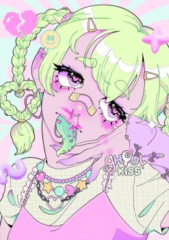 Rule 34 | 1girl, arm warmers, artist logo, artist name, bandaid, bandaid on face, bandaid on nose, bead necklace, beads, blood, blush, bow, braid, broken heart, color contrast, colored extremities, colored sclera, colored skin, colored tongue, commentary, earrings, english commentary, fingernails, frilled straps, ghoulkiss, green background, green hair, green shirt, green tongue, grey bow, hair ornament, hairclip, hand up, head tilt, heart, heart-shaped hair, heart-shaped pupils, heart earrings, highres, jewelry, logo, long hair, long tongue, multiple necklaces, multiple piercings, necklace, nosebleed, original, piercing, pink background, pink blood, pink eyes, pink skin, pink tank top, pixel heart, pixelated, plaid clothes, plaid shirt, pointy ears, purple arm warmers, purple eyes, purple sclera, sharp fingernails, shirt, short sleeves, smiley face, solo, sparkling eyes, squiggle, symbol-shaped pupils, tank top, tongue, tongue out, tongue piercing