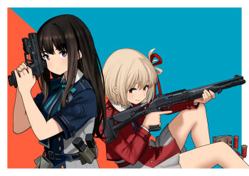 2girls ammunition belt benelli_m4 black_hair blonde_hair blue_background blue_belt blue_dress blue_ribbon bob_cut border buttons closed_mouth dress green_ribbon grey_dress gun hair_ribbon handgun highres holding holding_gun holding_weapon inoue_takina laser_sight long_hair long_sleeves looking_at_viewer lycoris_recoil lycoris_uniform magazine_(weapon) multiple_girls neck_ribbon nishikigi_chisato orange_background pleated_dress pointing pointing_up purple_eyes red_belt red_dress red_eyes red_ribbon ribbon short_hair short_sleeves shotgun shotgun_shell side-by-side sig_sauer_p320 smile timmyyen trigger_discipline two-tone_background two-tone_dress weapon white_border