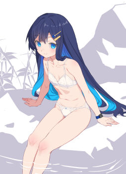 1girl bare_shoulders blue_eyes blue_hair blush bra cevio flat_chest futaba_minato highres long_hair looking_at_viewer panties sitting smile solo underwear underwear_only white_bra white_panties yamamomo_(plank)