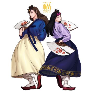 2girls alternate_costume archived_source artist_name bad_tag black_hat blue_hanbok blue_jeogori blue_skirt braid brown_hair capcom chinese_text chun-li colored_bangs efd embroidery flower han_juri hanbok hand_fan hand_up happy_new_year hat highres holding holding_fan jeogori_(clothes) korean_clothes long_hair multiple_girls new_year official_alternate_hairstyle pants purple_hair purple_hanbok purple_jeogori red_flower red_shoes shoes skirt smile street_fighter street_fighter_v white_background white_pants yellow_skirt