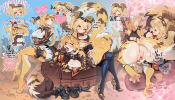 2boys annoyed ass black_jacket blonde_hair body_fur breasts burnice_white cat_girl cat_tail eyewear_on_head fingering furry furry_female furry_with_non-furry grin half-closed_eyes high_heels highres huge_ass interspecies jacket large_breasts lying multicolored_fur multiple_boys multiple_views on_stomach outdoors pulchra_fellini pussy red_eyes sitting smile striped_fur tail tongue tongue_out ulitochka yellow_fur yuri zenless_zone_zero