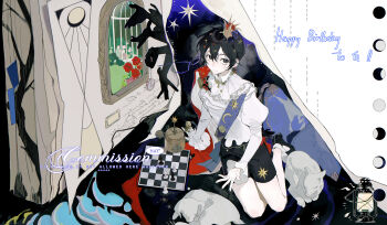 1boy absurdres animal bishounen black_shorts board_game chess chess_piece commission crown flower full_body hai_yexing_ren hair_between_eyes highres indoors juliet_sleeves lamp long_sleeves mihuashi_commission mini_crown moon_phases original pale_skin puffy_sleeves red_flower red_rose rose sash sheep short_hair shorts sidelocks sitting solo window