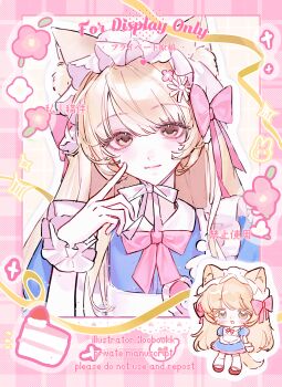 1girl :d animal_ear_fluff animal_ears apron blonde_hair blue_dress blush border bow bowtie chibi closed_mouth dress fox_ears fox_girl fox_tail green_eyes hairband hand_up highres long_hair loobookk looking_at_viewer multiple_views open_mouth original pink_border portrait red_bow red_bowtie short_sleeves smile tail white_apron white_hairband wrist_cuffs