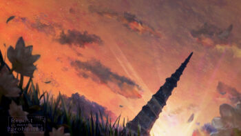 commentary_request evening fantasy flower grass highres mame_yuduru no_humans orange_sky original outdoors scenery sky sunset tower white_flower