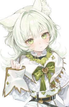 1girl animal_ear_fluff animal_ears blush bow bowtie cat_ears cat_girl commentary commission green_bow green_bowtie green_eyes green_hair hand_up highres limu838 long_hair long_sleeves looking_at_viewer original parted_lips shirt simple_background solo upper_body white_background white_shirt