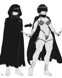 Rule 34 | 1girl, abs, absurdres, anklet, arrow (symbol), barefoot, bikini, breasts, cape, cloak, commentary, dual wielding, english commentary, hair over eyes, highres, holding, holding knife, hood, hooded cloak, jewelry, knife, knife sheath, large breasts, muscular, muscular female, original, sharp teeth, sheath, short hair, smile, speedl00ver, swimsuit, teeth, thigh sheath, thigh strap