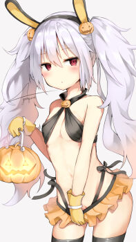 Rule 34 | 1girl, azur lane, black thighhighs, breasts, cleavage, clitoris peek, female focus, food-themed hair ornament, hair ornament, halloween, headband, headgear, jack-o'-lantern, laffey (azur lane), long hair, midriff, navel, orange skirt, pumpkin hair ornament, pussy, pussy peek, red eyes, revealing clothes, skirt, small breasts, solo, thighhighs, twintails, wardrobe malfunction, white hair, youthpaint
