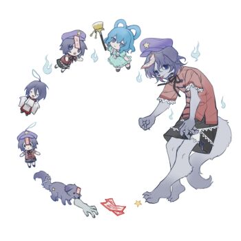 2girls 80isiiii black_ribbon black_skirt blue_dress blue_eyes blue_hair body_fur chibi chinese_commentary closed_mouth commentary_request dog dog_girl dress furrification furry furry_female hair_ornament hair_rings hair_stick hat hat_ornament jiangshi kaku_seiga lace-trimmed_sleeves lace_trim miyako_yoshika multiple_girls neck_ribbon ofuda open_clothes open_mouth open_vest purple_eyes purple_hair purple_hat red_shirt ribbon severed_hand shirt short_sleeves skirt smile star_(symbol) star_hat_ornament tail touhou vest white_vest x_x