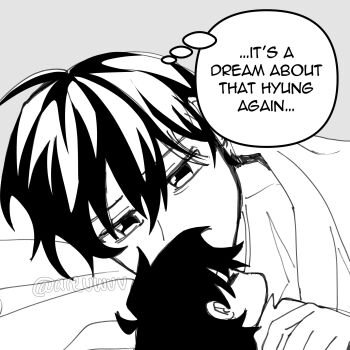 areuwuu character_doll commentary doll english_commentary english_text greyscale hair_between_eyes head_on_pillow highres kim_dokja monochrome oldest_dream omniscient_reader&#039;s_viewpoint pillow short_hair speech_bubble thought_bubble under_covers