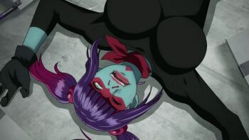 1girl :o animated animated_gif ascot belt black_gloves black_leotard blood breasts defeat gloves highres injury kamen_rider large_breasts leotard lips long_hair looking_at_viewer lying nosebleed on_back open_mouth purple_hair red_ascot rolling_eyes ryona shocker_(kamen_rider) solo stitched third-party_edit toujima_tanzaburou_wa_kamen_rider_ni_naritai trembling twintails wide_hips yukarisu