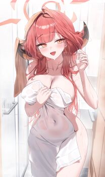 1girl absurdres aru_(blue_archive) blue_archive blush breasts commentary covered_navel dated_commentary demon_girl demon_horns halo highres horns large_breasts long_hair looking_at_viewer naked_towel open_mouth pink_halo red_hair sgholln solo towel wet yellow_eyes