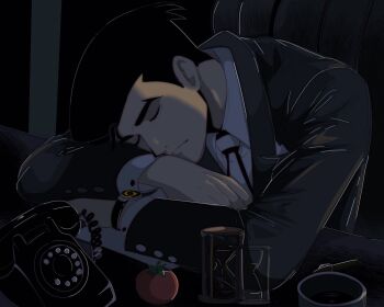 Rule 34 | 1boy, antique phone, ashtray, black hair, black jacket, closed eyes, closed mouth, collared shirt, commentary, english commentary, highres, hourglass, jacket, long sleeves, male focus, megadeus mommy, necktie, pen, phone, roger smith, rotary phone, shirt, short hair, sleeping, sleeping on desk, solo, striped necktie, the big o, tomato, white shirt