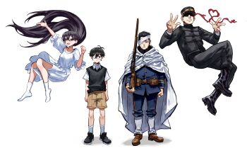 1girl 3boys absurdres antenna_hair black_boots black_eyes black_hair black_hat black_pants black_shoes black_sweater_vest boots bright_pupils brother_and_sister brown_shorts character_request closed_mouth collarbone collared_shirt double-parted_bangs double_v dress expressionless eyepatch golden_kamuy grey_background gun hair_between_eyes hat highres holding holding_gun holding_weapon kisany long_hair long_sleeves mari_(omori) mari_(spirit)_(omori) medical_eyepatch multiple_boys omori pants shaded_face shirt shoes short_hair short_sleeves shorts siblings simple_background smile socks spoilers sunny_(omori) sweater_vest v weapon white_dress white_pupils white_shirt white_socks