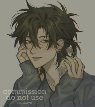 1boy alternate_costume antenna_hair artist_name black_eyes black_hair blue_sweater cheng_xiaoshi commission ear_piercing earrings english_text grey_background hair_between_eyes hand_on_headphones hand_on_own_cheek hand_on_own_face hands_up headphones headphones_around_neck highres jewelry long_sleeves looking_at_viewer male_focus medium_hair messy_hair parted_lips piercing ponytail portrait shiguang_dailiren short_hair short_ponytail simple_background sleeves_past_wrists smile solo sweater twitter_username upper_body watermark xiiverio