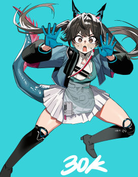 Rule 34 | 1girl, absurdres, arknights, arknights: endfield, black boots, black hair, blue background, blue gloves, blush, boots, bright pupils, brown eyes, chen qianyu (arknights), commentary, foot out of frame, gloves, hands up, highres, horns, long hair, long sleeves, looking at viewer, nervous, open mouth, pleated skirt, ruppu, simple background, skirt, solo, tail, tail raised, thigh boots, white pupils, white skirt