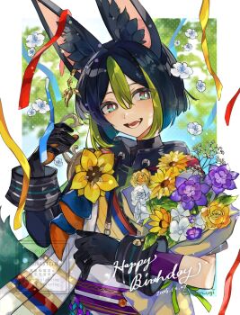 1boy :d animal_ear_fluff animal_ears black_gloves black_hair black_shirt blunt_ends border bouquet bright_pupils commentary_request dated double-parted_bangs flower fox_boy fox_ears genshin_impact gloves green_eyes green_hair hair_between_eyes happy_birthday highres holding holding_bouquet looking_at_viewer male_focus mugi_(kyom_ugi) multicolored_hair open_mouth outside_border red_ribbon ribbon shirt short_hair short_sleeves smile solo tighnari_(genshin_impact) twitter_username two-tone_hair upper_body watermark white_border white_pupils yellow_ribbon