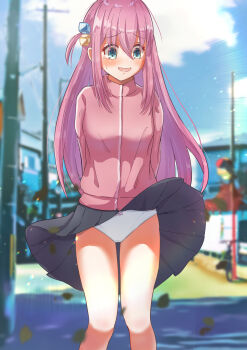 1girl accidental_pervert arms_behind_back blue_eyes blush bocchi_the_rock! bow bow_panties clothes_lift gotoh_hitori hair_ornament highres jacket lakuha_(dwtk2424) long_hair panties pantyshot pink_hair pink_jacket skirt solo thighs underwear unlikely_accident white_panties wind wind_lift