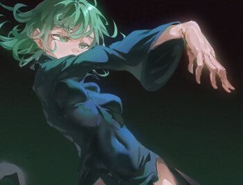 1girl adversarial_noise black_dress breasts commentary covered_mouth covered_navel dress english_commentary flipped_hair gradient_background green_eyes green_hair long_sleeves looking_ahead medium_breasts one-punch_man outstretched_arm short_hair solo stegart tatsumaki taut_clothes taut_dress upper_body wide_sleeves