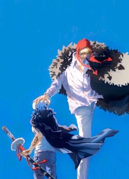 Rule 34 | 2boys, arm tattoo, black cape, black coat, black hair, blonde hair, blue background, cape, coat, commentary request, denim, donquixote rocinante, fur trim, hand on another's head, hand tattoo, hat, heart, heart print, height difference, holding, holding sword, holding weapon, jeans, looking at another, makeup, male focus, multiple boys, one piece, pants, pink shirt, rai 00 k2, shirt, short hair, sword, tattoo, trafalgar law, weapon, white hat, white shirt