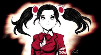 armband asian aura black_background black_eyes black_hair blouse bow bowtie breasts colored_skin command_&amp;_conquer floating_hair hair_tie highres japanese_flag limited_palette looking_up medium_breasts red_bow red_bowtie red_shirt rising_sun_flag school_uniform shirt signature skarlet_jewel straight-on sunburst twintails upper_body white_skin yuriko_omega